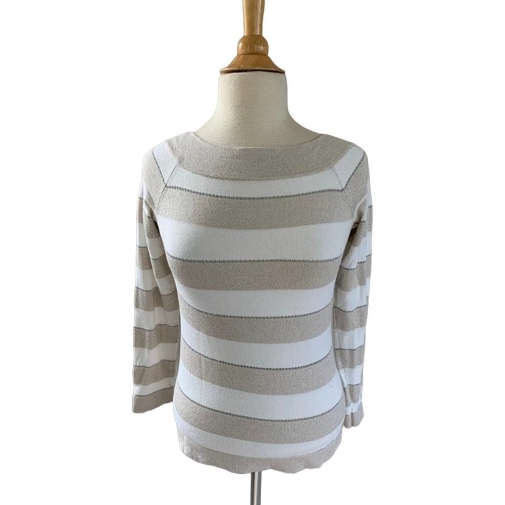 White House Black Market Metallic Stripe 3/4 Sleeve Sweater w/ Back Keyhole SZ S